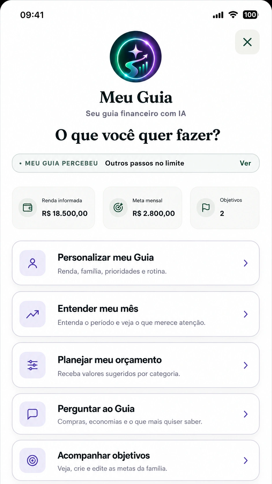 Tela demonstrativa do Meu Guia com dados fictícios, mostrando análise financeira, orçamento, perguntas ao Guia, objetivos e perfil.