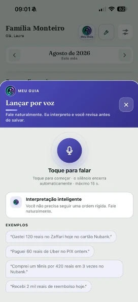 Tela completa do recurso Lançar por voz com dados fictícios no cabeçalho.